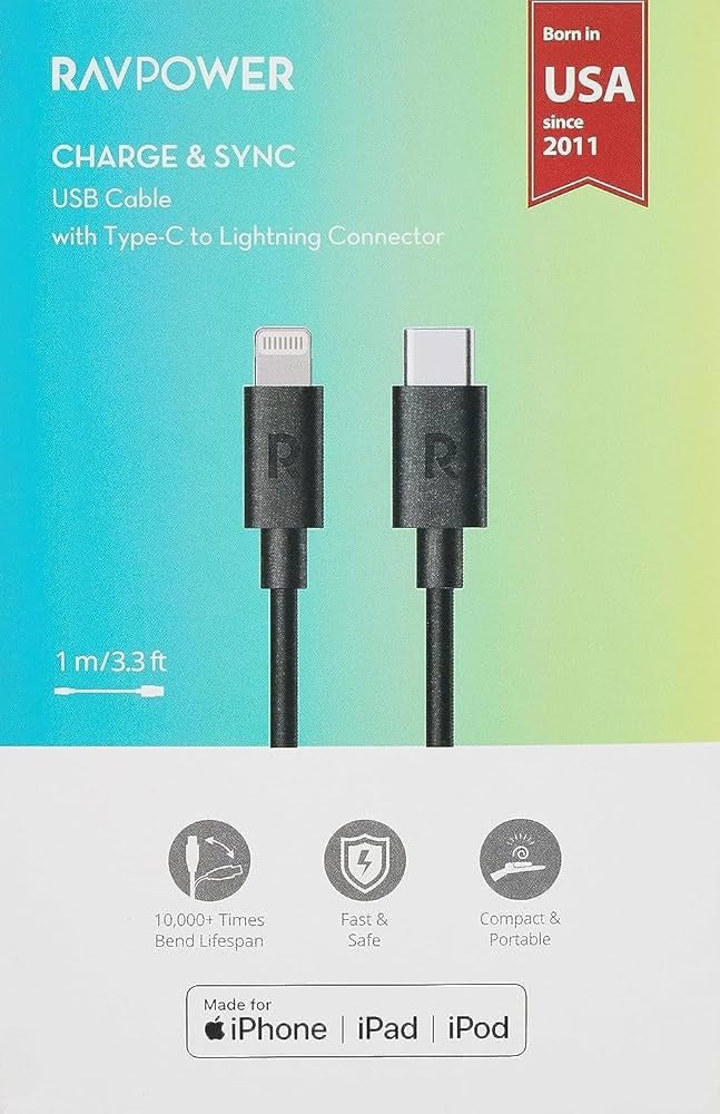 RavPower Type-C to Lightning Cable, 1 Meter, Black - RP-CB1016